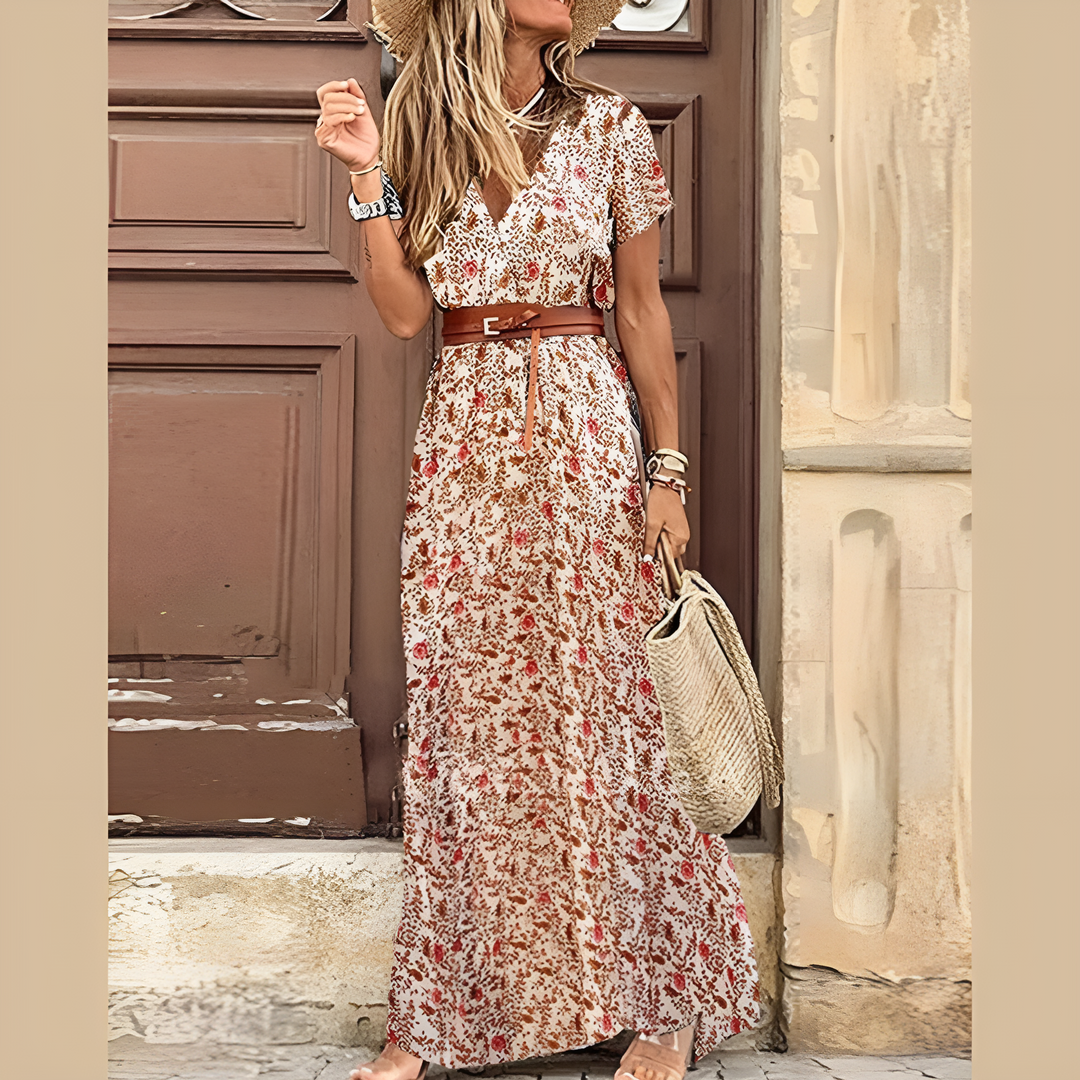Boho Maxi Jurk Dames | Paisley Print & Taille-Accentuerende Riem