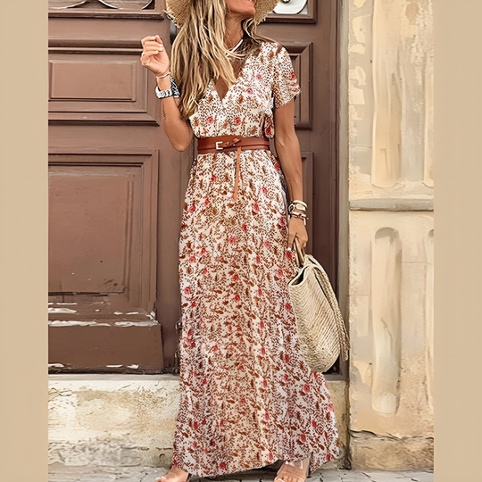 Boho Maxi Jurk Dames | Paisley Print & Taille-Accentuerende Riem