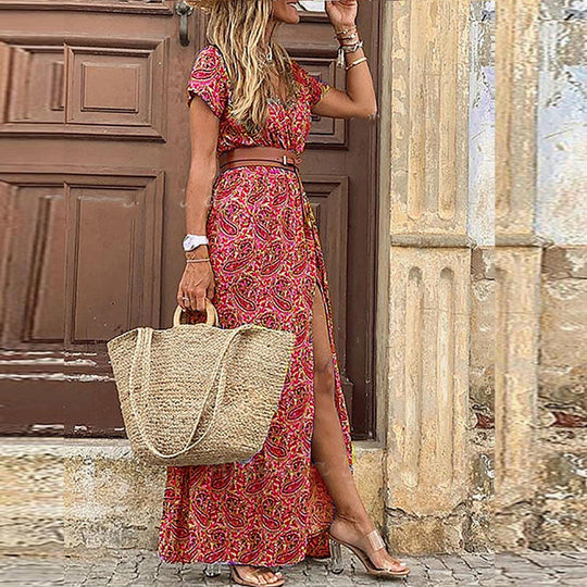 Boho Maxi Jurk Dames | Paisley Print & Taille-Accentuerende Riem