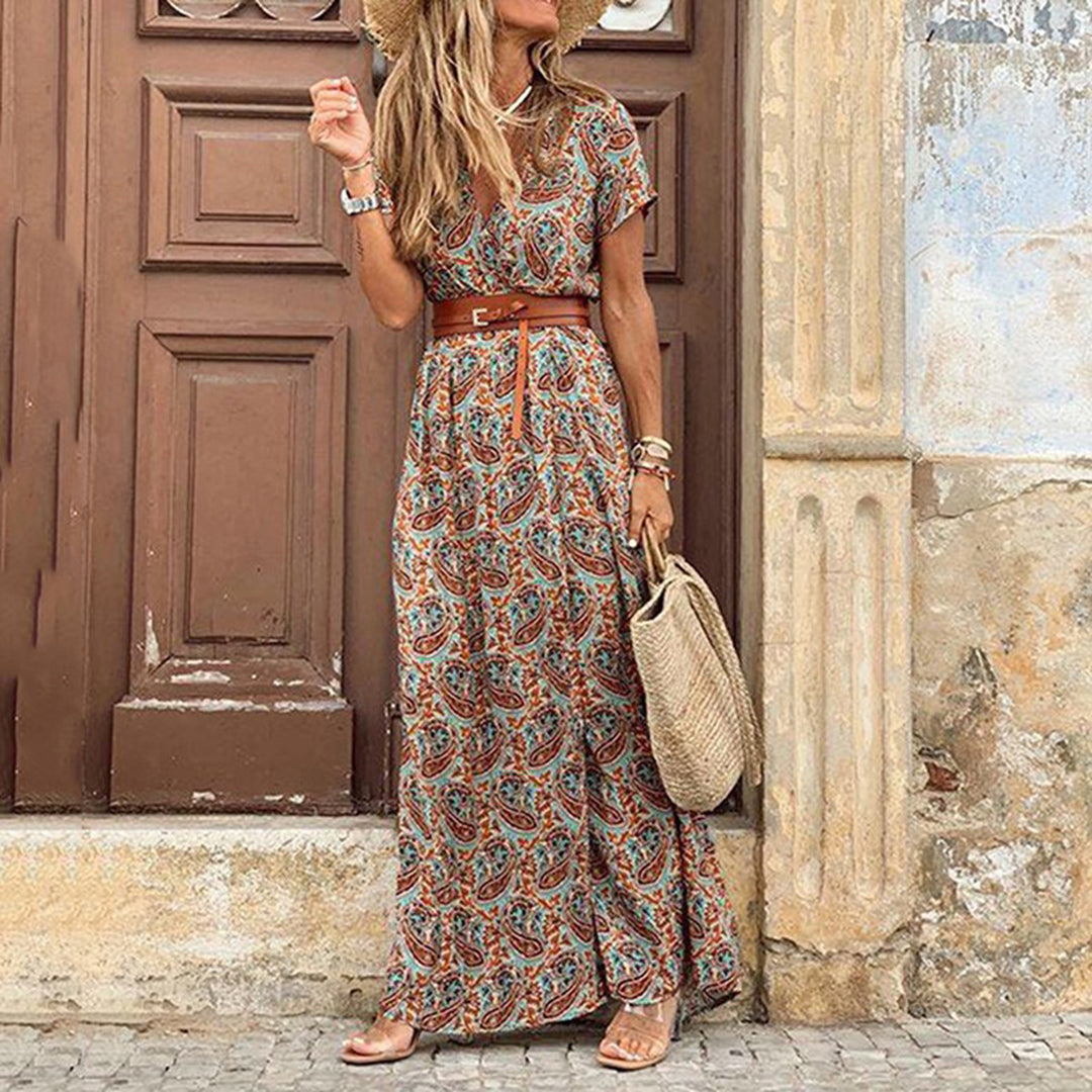 Boho-Maxikleid Damen mit Kurzen Ärmeln und V-Ausschnitt - Agnes