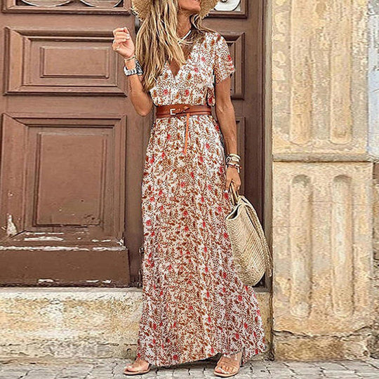Boho-Maxikleid Damen mit Kurzen Ärmeln und V-Ausschnitt - Agnes