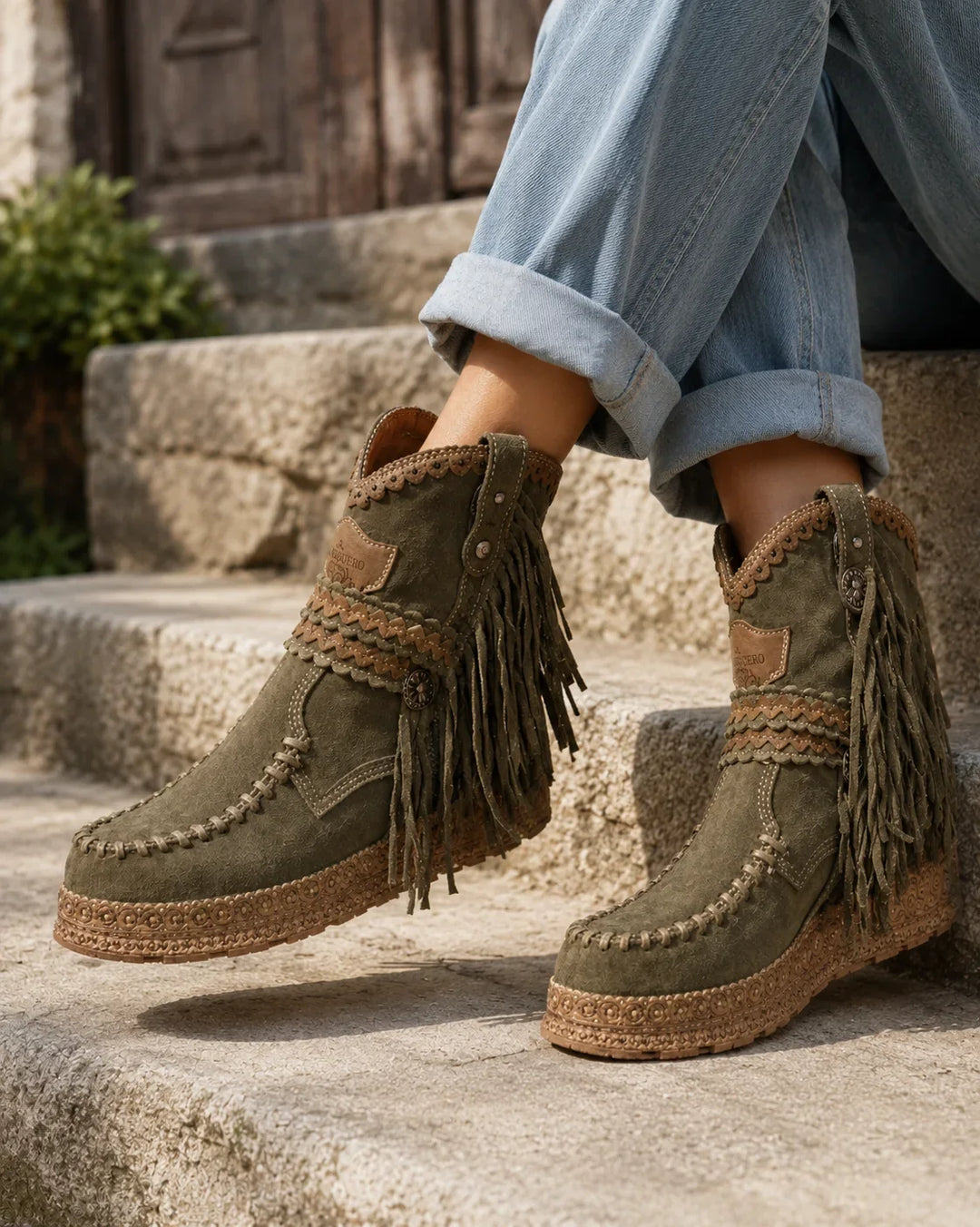 Boho Stiefeletten Damen | Mit Fransen & Geflochtenem Design