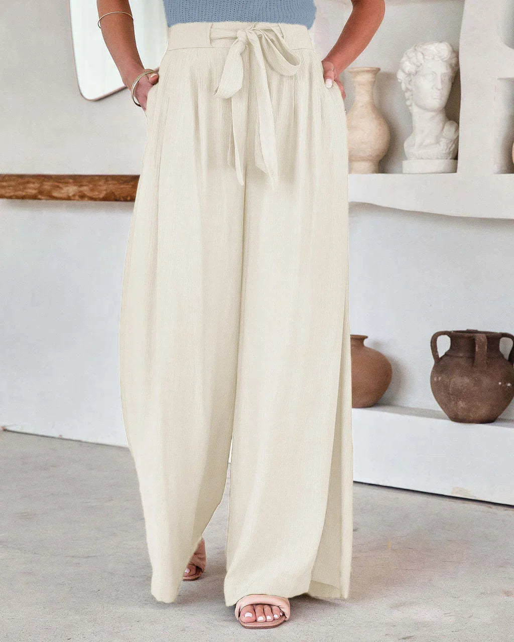 Broek Dames | Luchtige Wide Leg met Strikceintuur & Hoge Taille