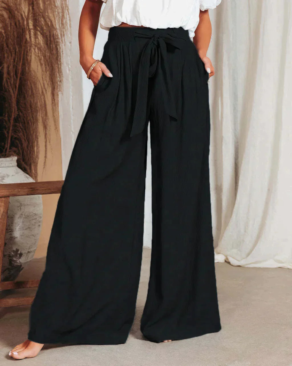 Broek Dames | Luchtige Wide Leg met Strikceintuur & Hoge Taille