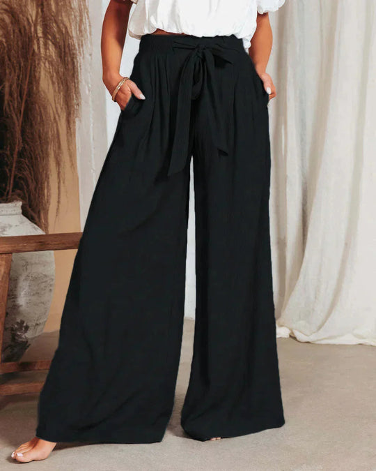 Broek Dames | Luchtige Wide Leg met Strikceintuur & Hoge Taille