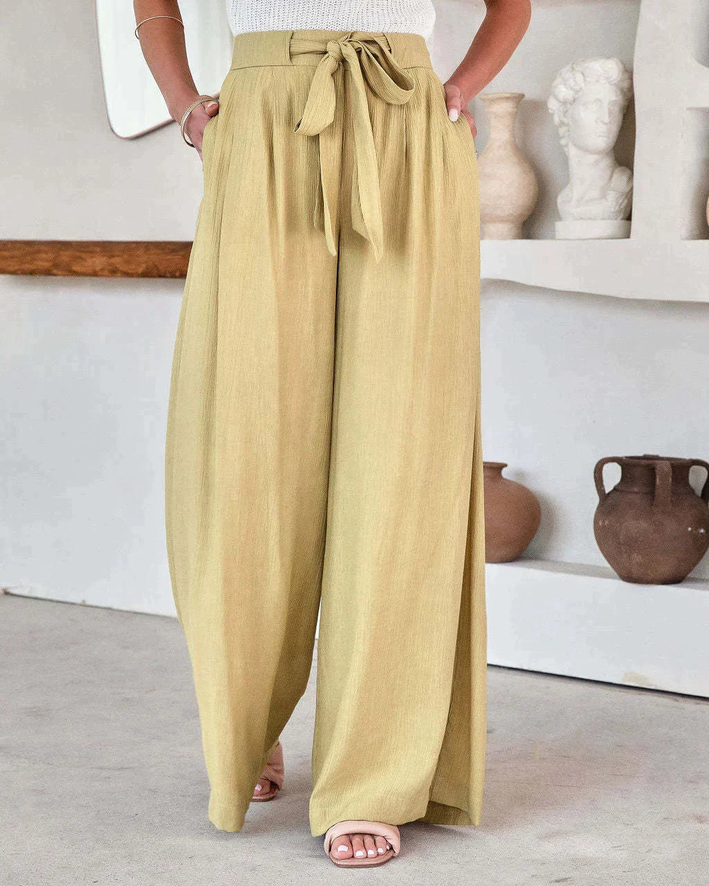 Broek Dames | Luchtige Wide Leg met Strikceintuur & Hoge Taille