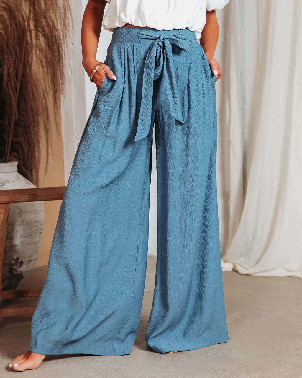 Broek Dames | Luchtige Wide Leg met Strikceintuur & Hoge Taille