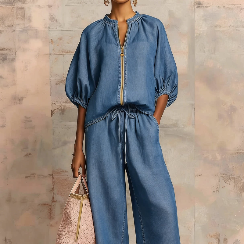 Calyndra - Dames tweedelig ensemble met rits-top en brede broek 5