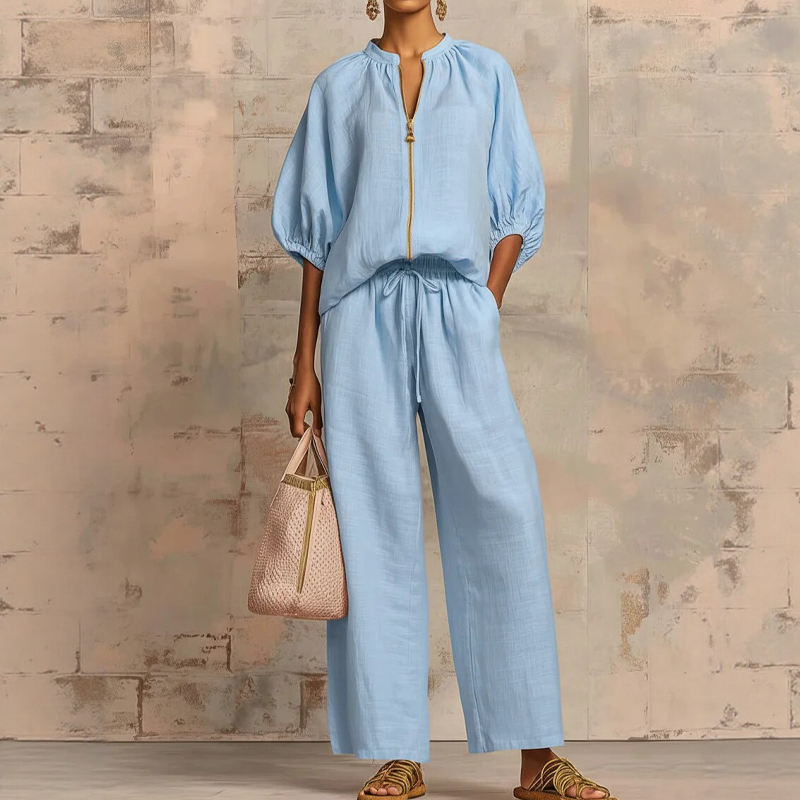 Calyndra - Dames tweedelig ensemble met rits-top en brede broek 6