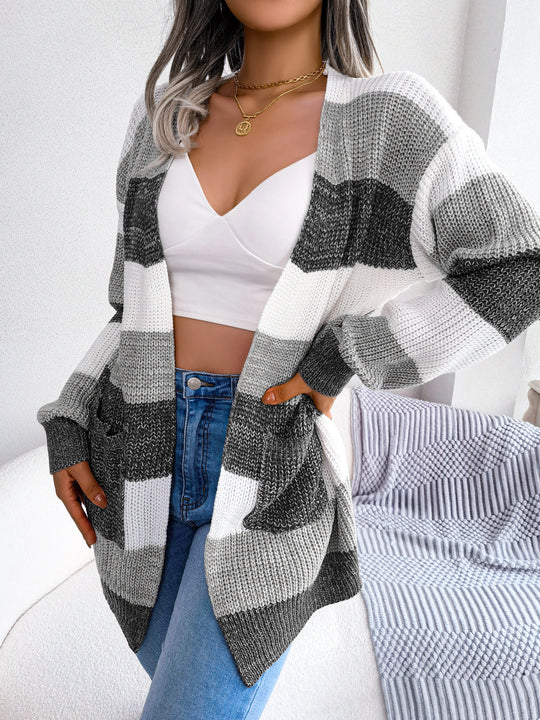 Cardigan Damen | Warme Color-Block-Struktur & Praktische Taschen