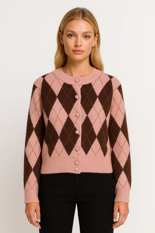 Eleanore Dames Gebreid Vest | Argyle Ruitpatroon | Roze/Bruin 1