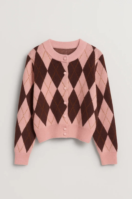 Eleanore Dames Gebreid Vest | Argyle Ruitpatroon | Roze/Bruin 0