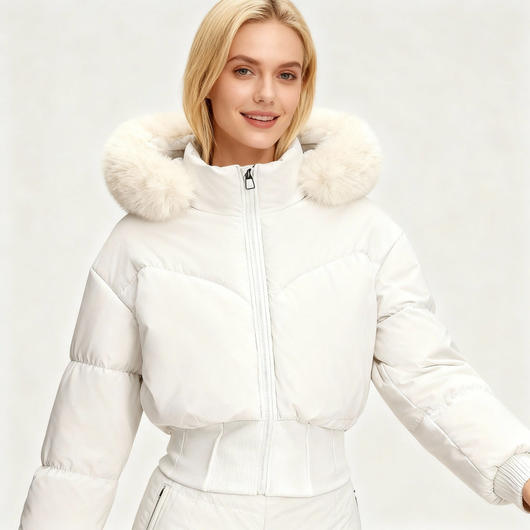 Damen Cropped Daunenjacke mit abnehmbarer Kapuze und Kunstfellbesatz 5