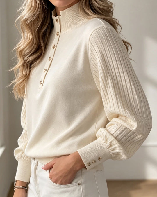 Damen Pullover Rippstrick Rollkragen Puffärmel mit Knopfdetails Herbst
