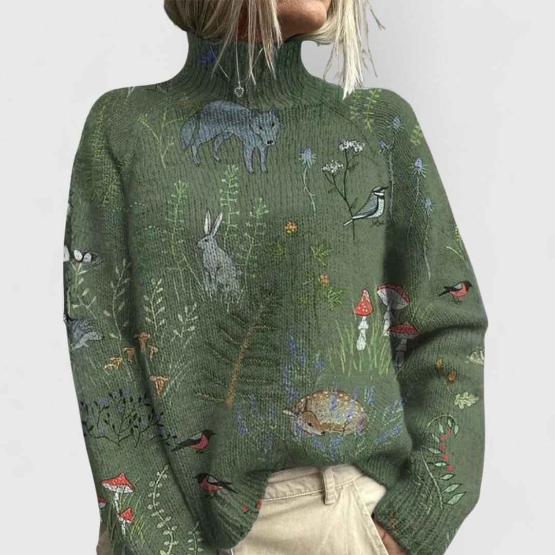 Damen Rollkragenpullover locker Rippbündchen Langarm mit Naturprint