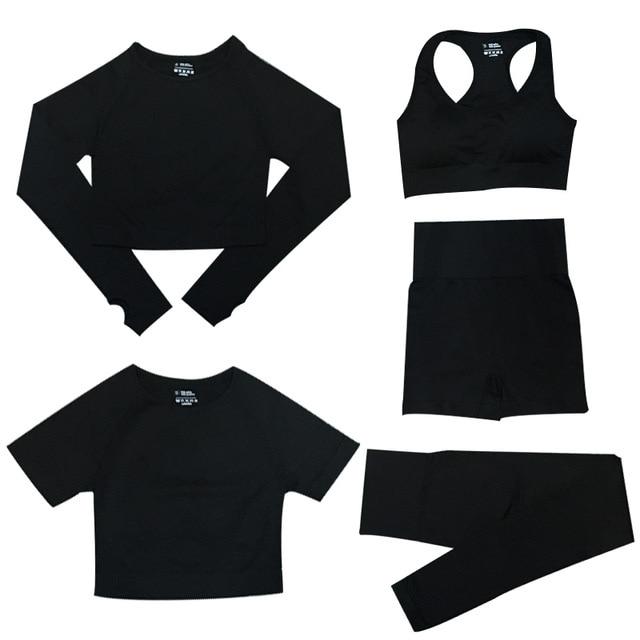 Damen Sportleggings Trainingsset fünfteilig eng mit hohem Bund Top