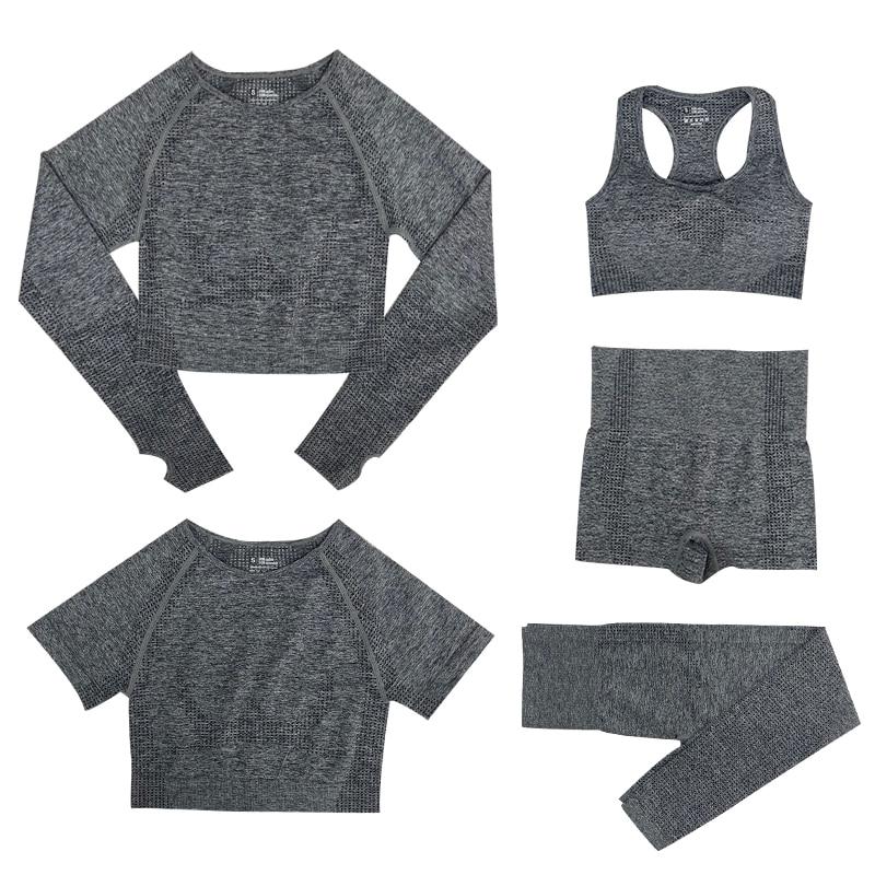 Damen Sportleggings Trainingsset fünfteilig eng mit hohem Bund Top