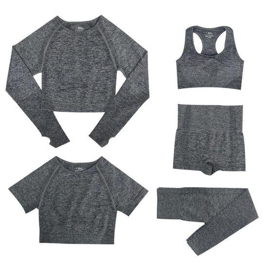 Damen Sportleggings Trainingsset fünfteilig eng mit hohem Bund Top
