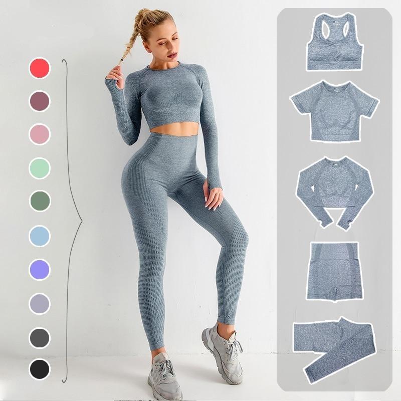 Damen Sportleggings Trainingsset fünfteilig eng mit hohem Bund Top