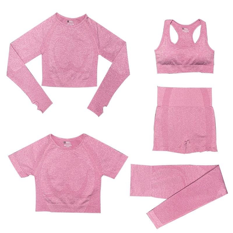 Damen Sportleggings Trainingsset fünfteilig eng mit hohem Bund Top