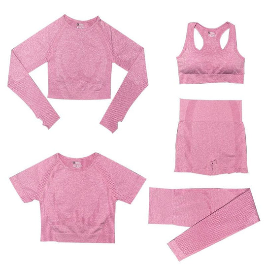 Damen Sportleggings Trainingsset fünfteilig eng mit hohem Bund Top
