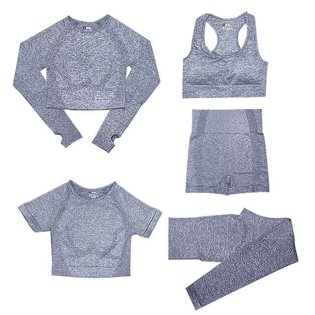 Damen Sportleggings Trainingsset fünfteilig eng mit hohem Bund Top
