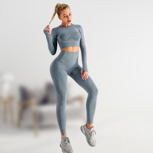 Damen Sportleggings Trainingsset fünfteilig eng mit hohem Bund Top