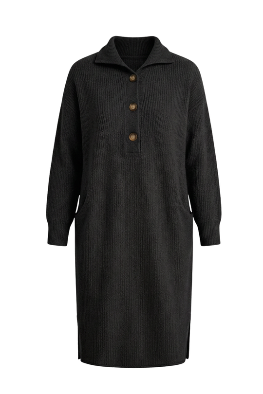 Damen Strickkleid Midi Rippstrick Knopfkragen Langarm 10