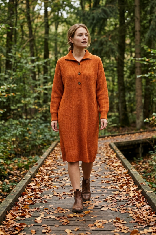 Damen Strickkleid Midi Rippstrick Knopfkragen Langarm 13
