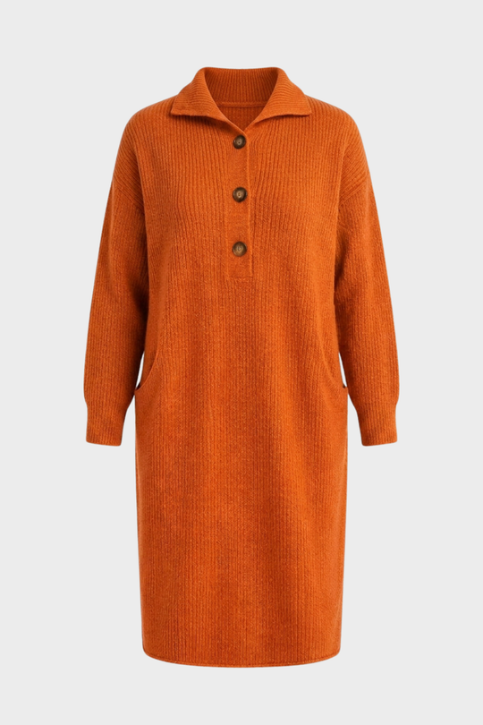 Damen Strickkleid Midi Rippstrick Knopfkragen Langarm 8