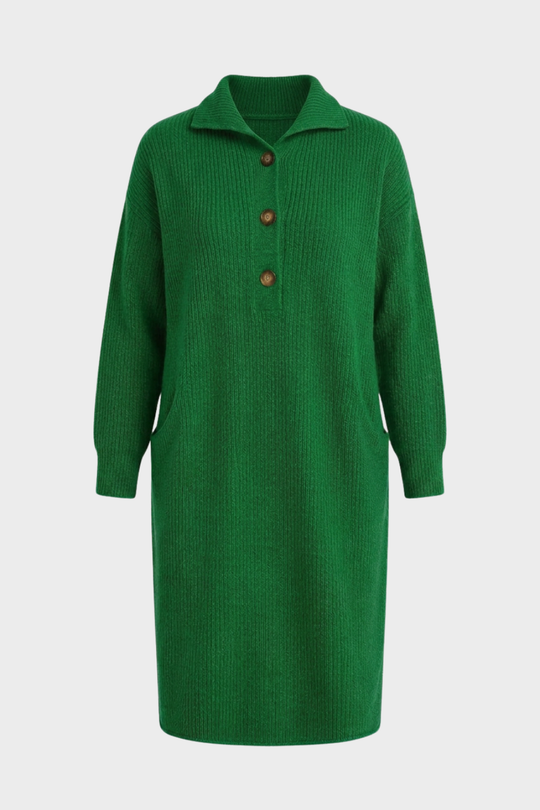 Damen Strickkleid Midi Rippstrick Knopfkragen Langarm 9