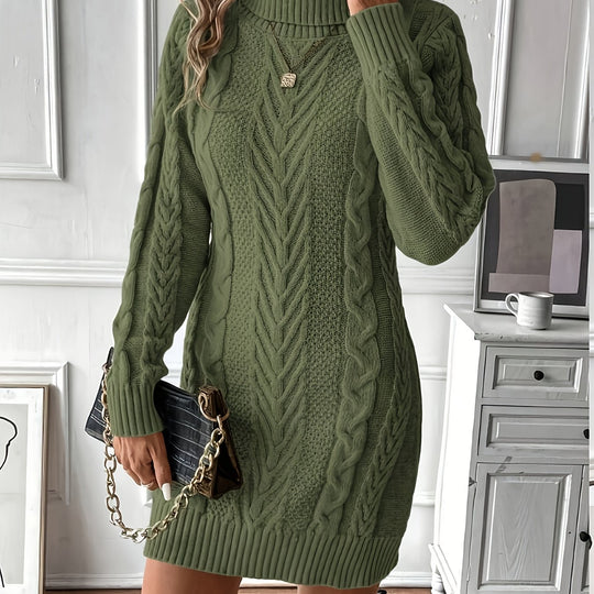 Damen Sweaterkleid Rollkragen Kabelstrick Minilänge mit Rippbündchen