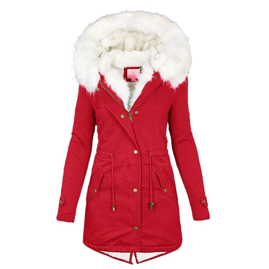 Damen Winterparka lang Reißverschluss Kordelzug Taille mit Fellbesatz