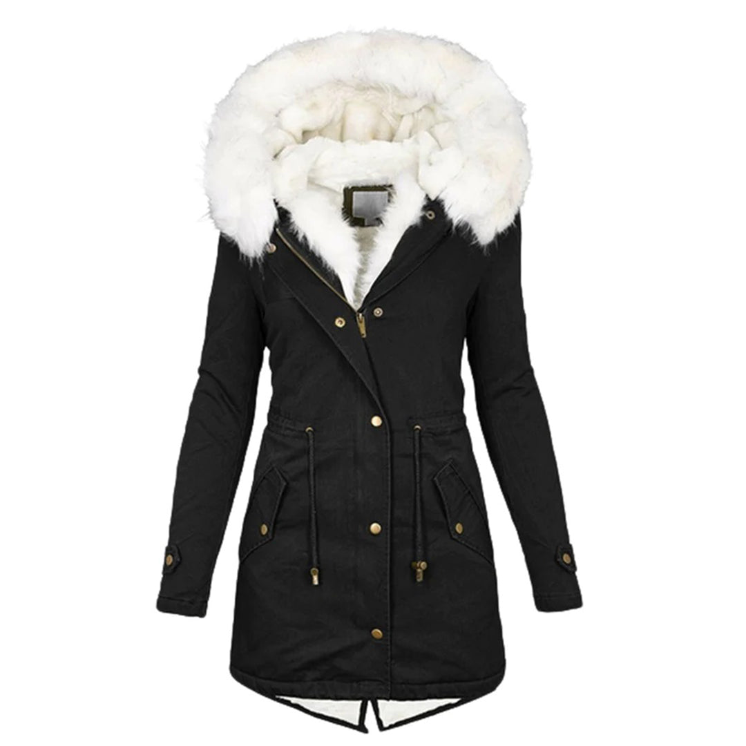 Damen Winterparka lang Reißverschluss Kordelzug Taille mit Fellbesatz
