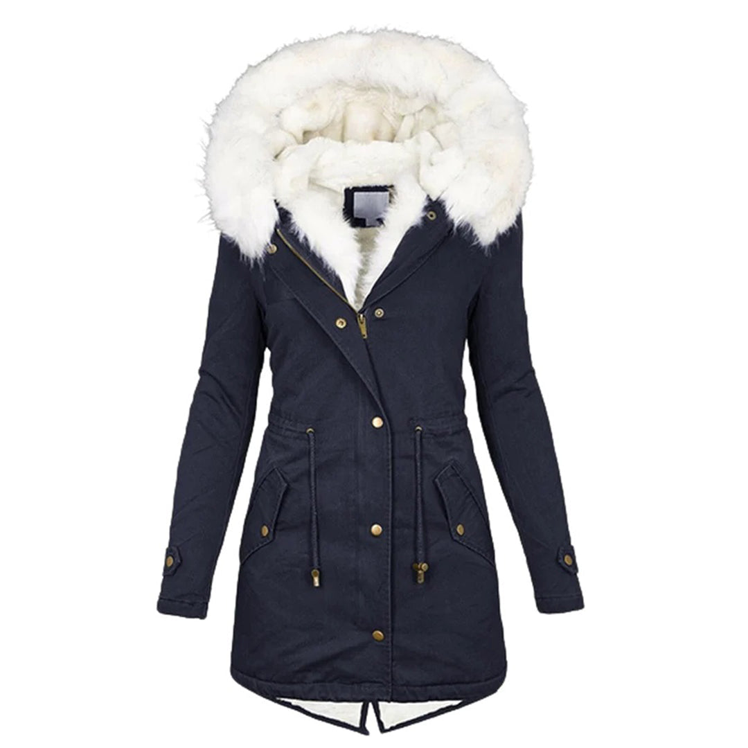 Damen Winterparka lang Reißverschluss Kordelzug Taille mit Fellbesatz