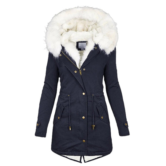 Damen Winterparka lang Reißverschluss Kordelzug Taille mit Fellbesatz