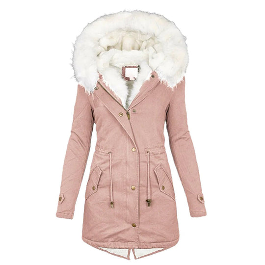 Damen Winterparka lang Reißverschluss Kordelzug Taille mit Fellbesatz
