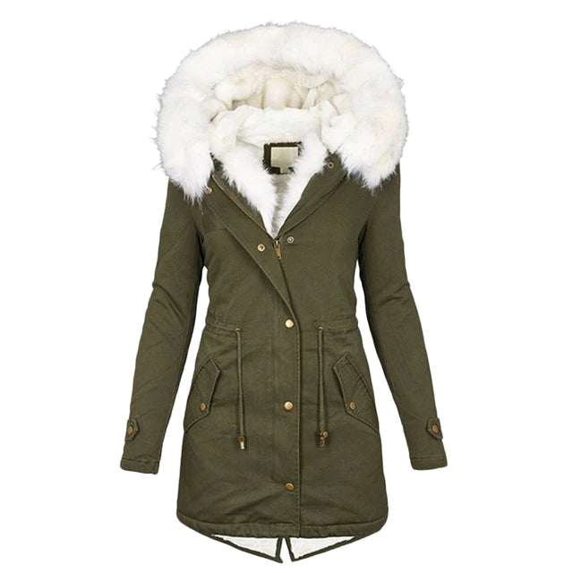 Damen Winterparka lang Reißverschluss Kordelzug Taille mit Fellbesatz