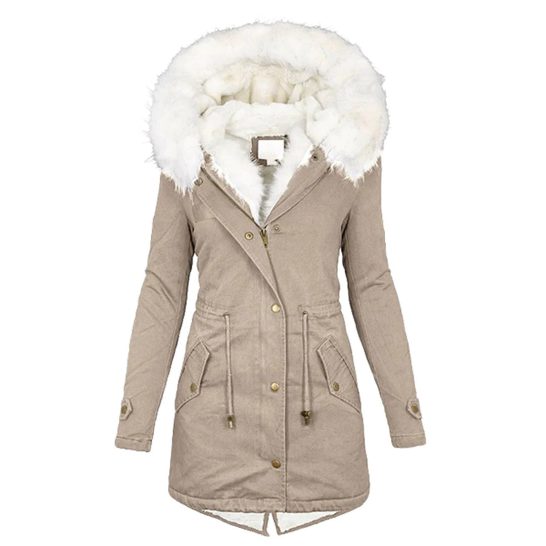 Damen Winterparka lang Reißverschluss Kordelzug Taille mit Fellbesatz