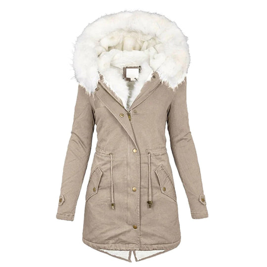 Damen Winterparka lang Reißverschluss Kordelzug Taille mit Fellbesatz