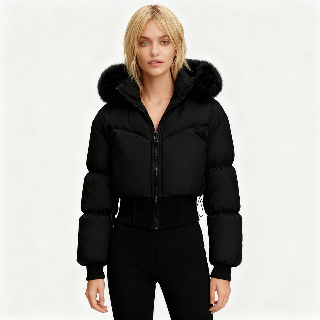 Damen Cropped Daunenjacke mit abnehmbarer Kapuze und Kunstfellbesatz 0