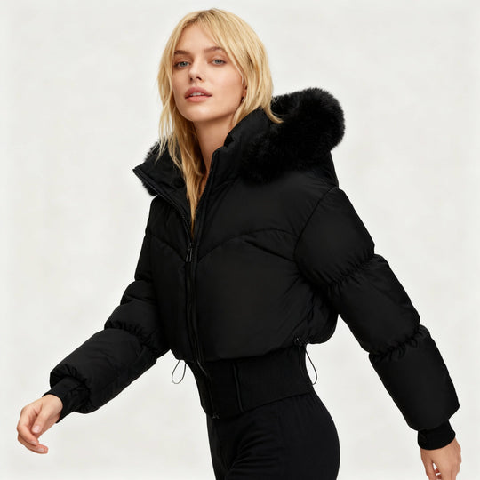 Damen Cropped Daunenjacke mit abnehmbarer Kapuze und Kunstfellbesatz 1