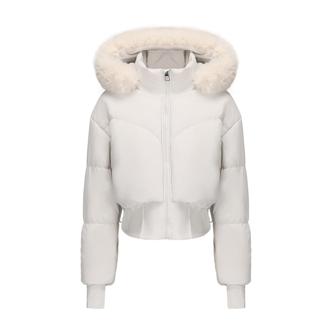 Damen Cropped Daunenjacke mit abnehmbarer Kapuze und Kunstfellbesatz 2