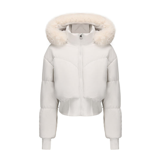 Damen Cropped Daunenjacke mit abnehmbarer Kapuze und Kunstfellbesatz 2