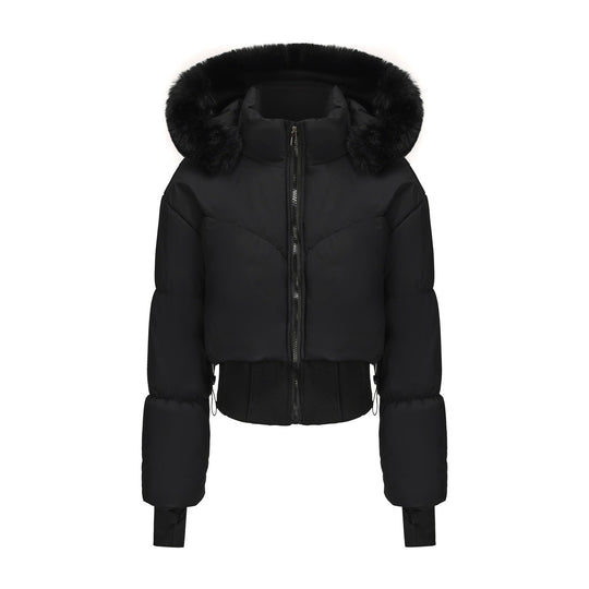 Damen Cropped Daunenjacke mit abnehmbarer Kapuze und Kunstfellbesatz 3