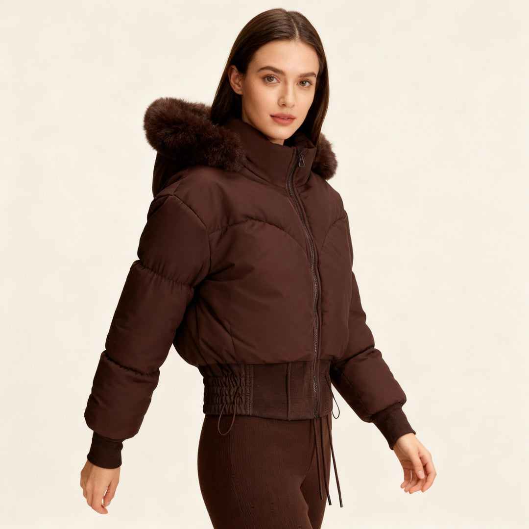 Damen Cropped Daunenjacke mit abnehmbarer Kapuze und Kunstfellbesatz 6