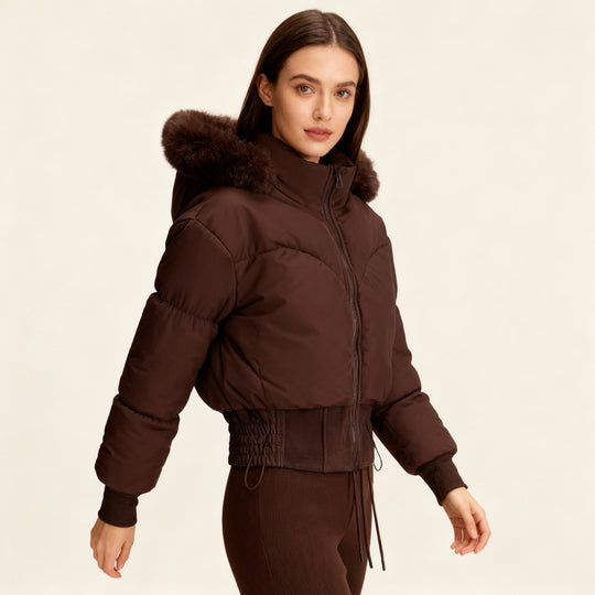 Damen Cropped Daunenjacke mit abnehmbarer Kapuze und Kunstfellbesatz 6