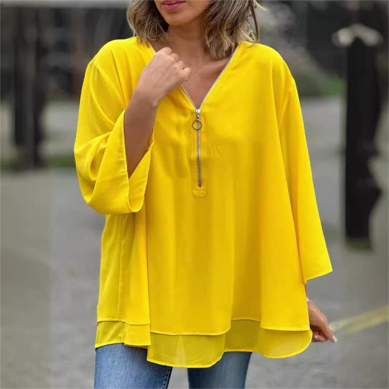 Dames Blouse V-hals | Verstelbare Rits & Dubbele Laag