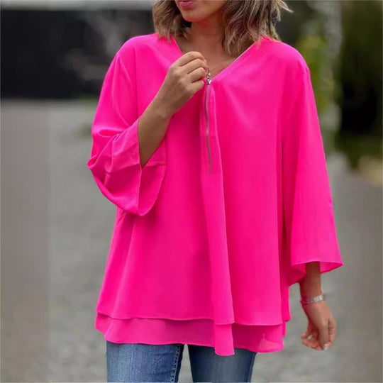 Dames Blouse V-hals | Verstelbare Rits & Dubbele Laag