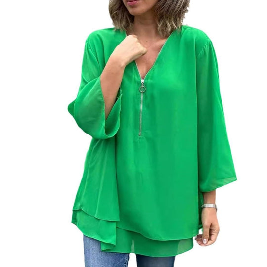 Dames Blouse V-hals | Verstelbare Rits & Dubbele Laag